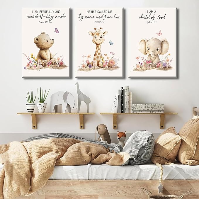 3Pcs Nursery Animal Bible Verse Canvas Wall Art Cute Bear Elephant Giraffe Wall Decor Pictures Christian Baby Nursery Posters Prints for Kids Boys Girls Room Home Decoration 12x16in