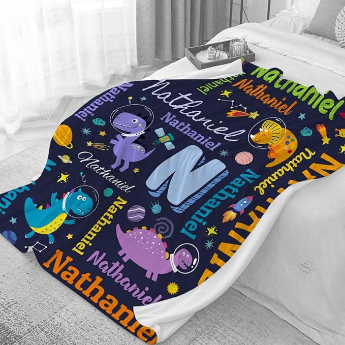Dinosaur Lover Astronaut Personalized Blanket with Name Custom Dinosaur with Name Flannel Blanket Soft Throw Meaningful Gift for Toddlers Girls Boys Kids Pets 50 * 40" S for Kid