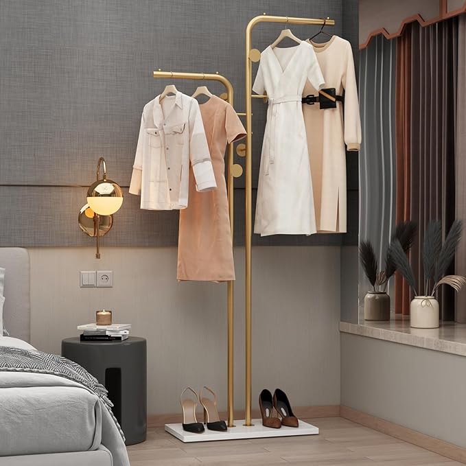 DR.IRON Double-pole Coat Racks Freestanding, Metal Gold Clothing Rack with 5 Hooks and Marble Base, Modern Coat Hanger Stand for Entryway, Living Room, Bedroom Gold
