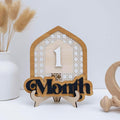 Wooden Baby Monthly Milestone Set with Patterned House Frame, 3D Numbers and Month Months Signs, Natural Wood Newborn Photo Prop for Baby Monthly Pictures