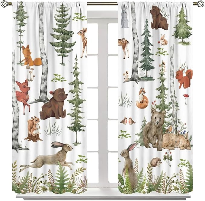 Animal Kids Curtains, Woodland Squirrel Rabbit Bear Animal Friends Forest Curtains for Boys and Girls Bedroom Living Room Kitchen 42x45 Inch