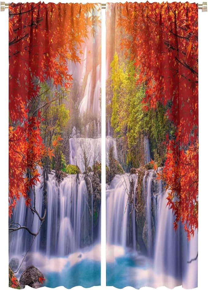 Forest Waterfall Blackout Windows Curtains, Autumn Red Green Maple Leaves Jungle Rainforest Natural Scenery Landscape Curtains, for Living Room Bedroom 42x63in 2 Panels