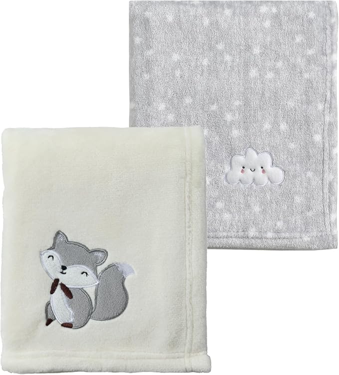 CREVENT 2Pcs 30''X40'' Cute Cozy Fluffy Warm Baby Blankets for Infants Toddlers' Bedding Crib Cot Stroller - Grey Cloud + Fox