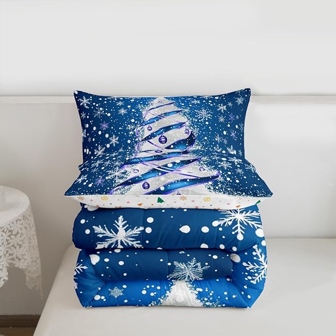 Feelyou Merry Christmas Kids Comforter Set Full Size Christmas Tree Bedding Set Snowflake Duvet Quilt for Kids Boys Girls Bedroom Winter Decor Microfiber Ultra Soft Breathable