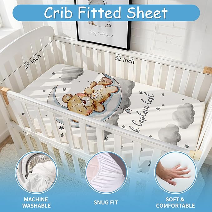 Personalized Baby Crib Bedding Set with Name, 5 Pcs Grey Bear Baby Crib Set for Infants Toddlers, Double Layer Nursery Bedding, Infant Toddler Newborns Customized Gifts, Crib Accessories