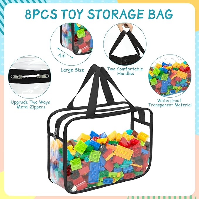 8 Packs Large Toy Storage Bags with Zipper and Labels, Clear PVC Waterproof Toy Organizers Bags for Board Games, Puzzles Pieces, Building Blocks, Handmade Accessories, Kid Books