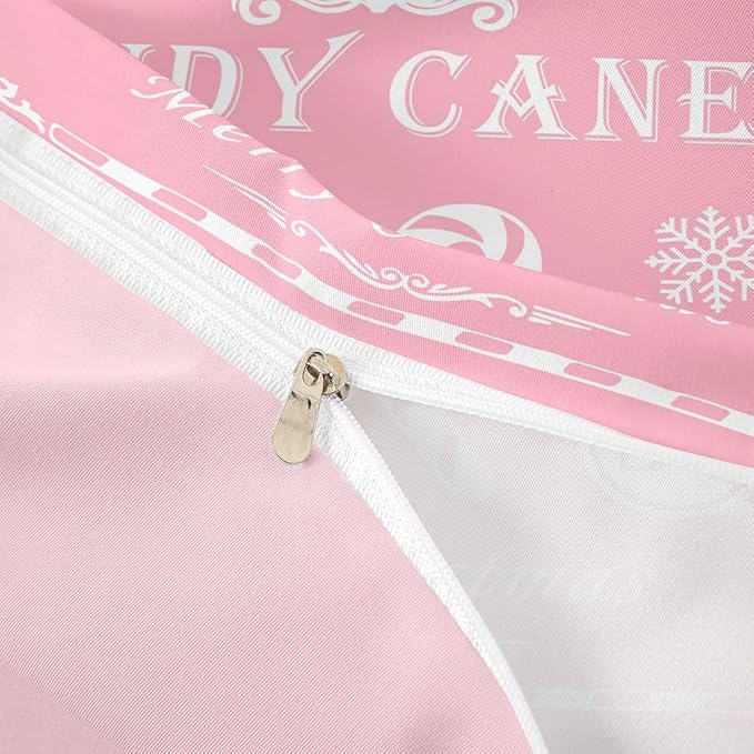 jejeloiu Christmas Bedding Set Queen Size Kids Christmas Quote Comforter Cover Set for Boys Girls Teens Candy Canes Print Duvet Cover Xmas Bedspread Cover Room Decorations Pink White Quilt Cover