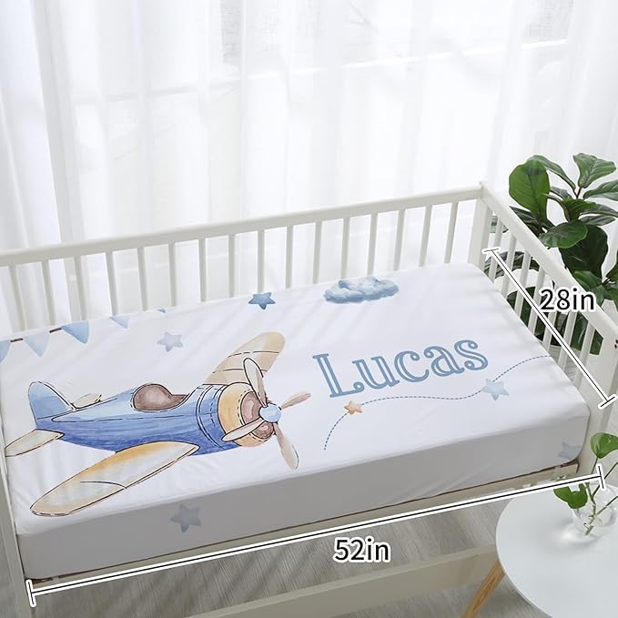Custom Baby Crib Bedding Set,Personalized Name Toy Airplane Pattern Nursery Bed Set 4 Piece,Baby Blanket Fitted Sheet Nursery Rug Wall Art Set,Custom Room Decor Idea Gift for Newborns Boys Girls