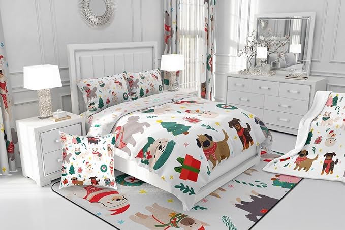 Erosebridal Merry Christmas Quilt King Size Cartoon Dog Comforter Set for Teens Kids Boys Xmas Tree Snowman Bedding Set Cute Pug Puppy Animal Duvet Insert with 2 Pillow Cases