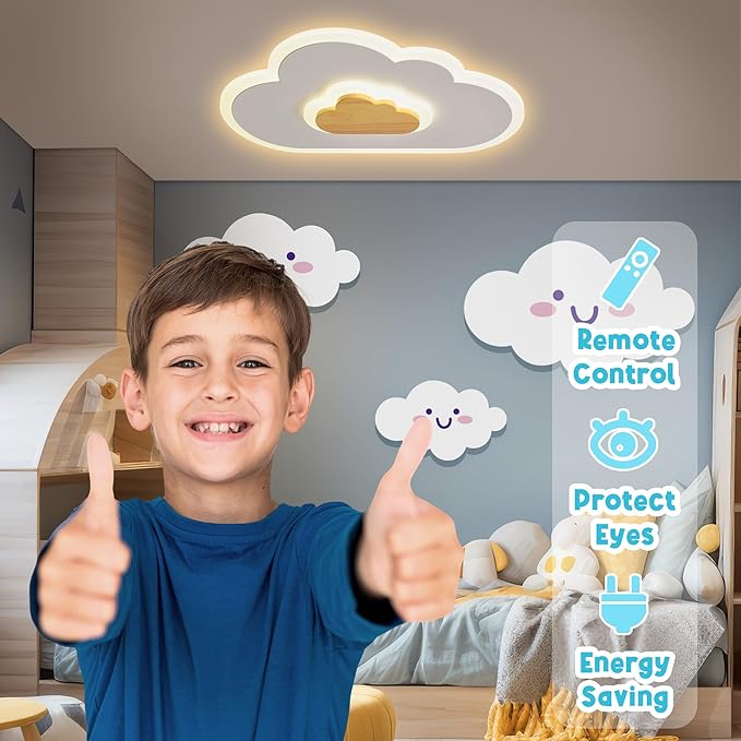 LED Ceiling Light Fixture 15.7in Dimmable Children Cloud Lights for Ceiling with Remote Control 20W Creative Wooden Bedroom Ceiling Lamp for Kids Room Bedroom Living Room