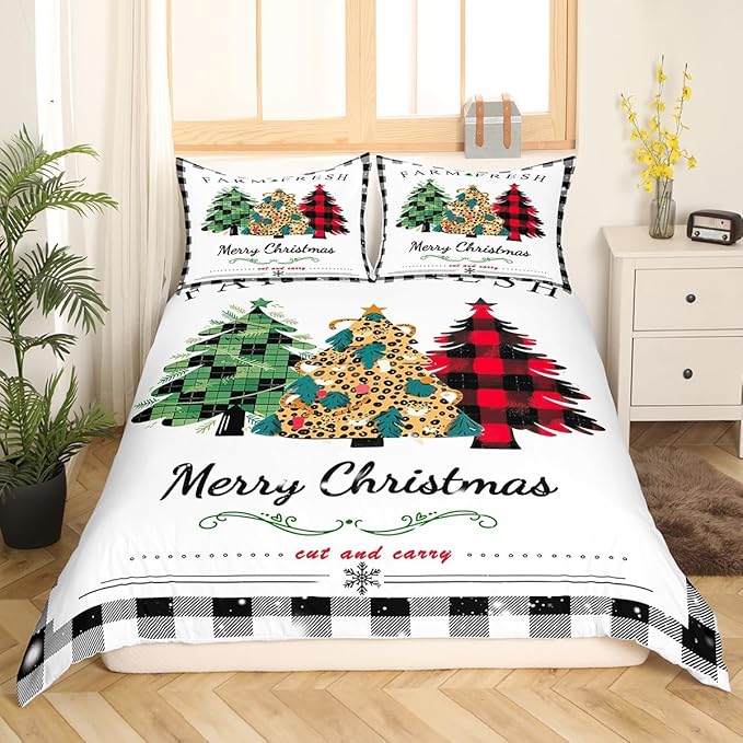Manfei Christmas Tree Duvet Cover Set Full Size, New Year Theme Comforter Cover with 2 Pillowcases, Leopard Plaid Print Xmas Bedding Set 3pcs for Kids Boys Girls Bedroom Decor,No Comforter