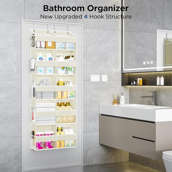 5-Tier Over The Door Organizer with 10 Side Mesh Pockets & Clear Windows, 80 lb Weight Capacity Hanging Storage for Bathroom, Bedroom, Nursery, Kitchen, Organizer Toys, Shoes, Diapers (Beige 2 Pack)
