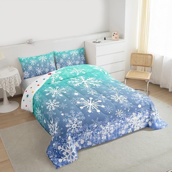 Feelyou Winter Snowflake Kids Comforter Set Toddler Size Christmas Bedding Set Winter Holiday Duvet Quilt for Kids Boys Girls Bedroom New Year Decor Microfiber Ultra Soft Breathable