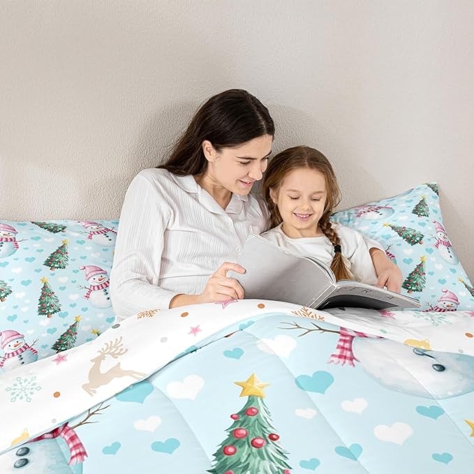 Feelyou Merry Christmas Kids Comforter Set Toddler Size Cute Snowman Bedding Set Christmas Tree Duvet Quilt for Kids Boys Girls Bedroom Love Hearts Decor Microfiber Ultra Soft Breathable