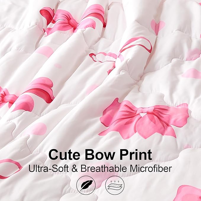 Wajade 7 Piece Pink Bow Bedding Set for Girls Kids Queen Size Comforter Set with Sheet and 2 Pillowcases 2 Pillow Shams Cute Girls Bed in a Bag as Birthday Choice