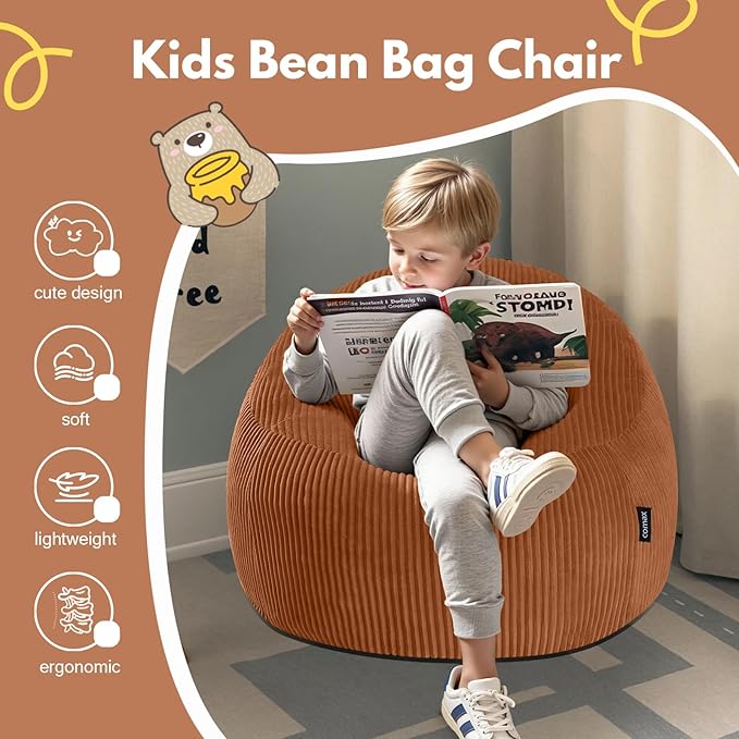 COMAX Bean Bag Chairs for Kids, Toddler BeanBag Sofa with Filler Bean Couch Stuffed for Boys and Girls, Lazy Floor Chair for Playroom, Nursery Room, Orange