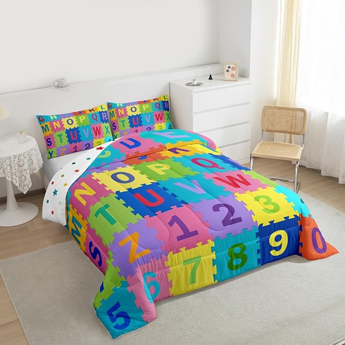 Feelyou Kids Puzzle Alphabet Numbers Comforter Set King Size ABC Letters Bedding Set for Kids Boys Girls Educational Duvet Quilt English Learning Bedroom Decor Microfiber 3 Pcs with 2 Pillow Cases
