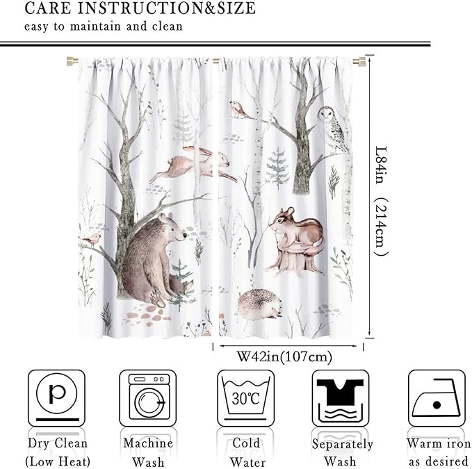 Watercolor Woodland Animal Curtains, Wildlife Bear Farmhouse Lodge Cabin Squirrel Owl Hedgehog Fox Blackout Rod Pocket Windows Door Curtain for Bedroom Living Room Home Decor 84x84in