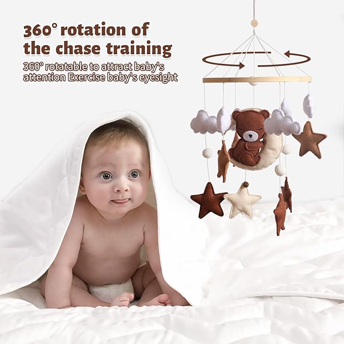 Baby Mobile for Crib - Animal Crib Mobile With Music for Girls and Boys, Wooden Bed Bell Hanging, Nursery Mobile for Bassinet Room Decor (Bear)