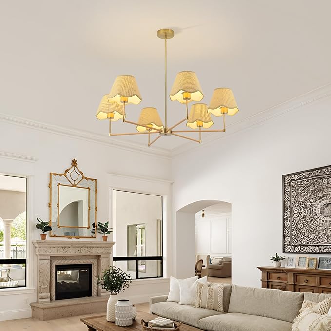 33.5in Farmhouse Rattan Chandelier Gold Large Pendant Light Fixture with Wicker Lampshade Boho Chandeliers for Living Room Dining Room Bedroom Entryway Kitchen Island