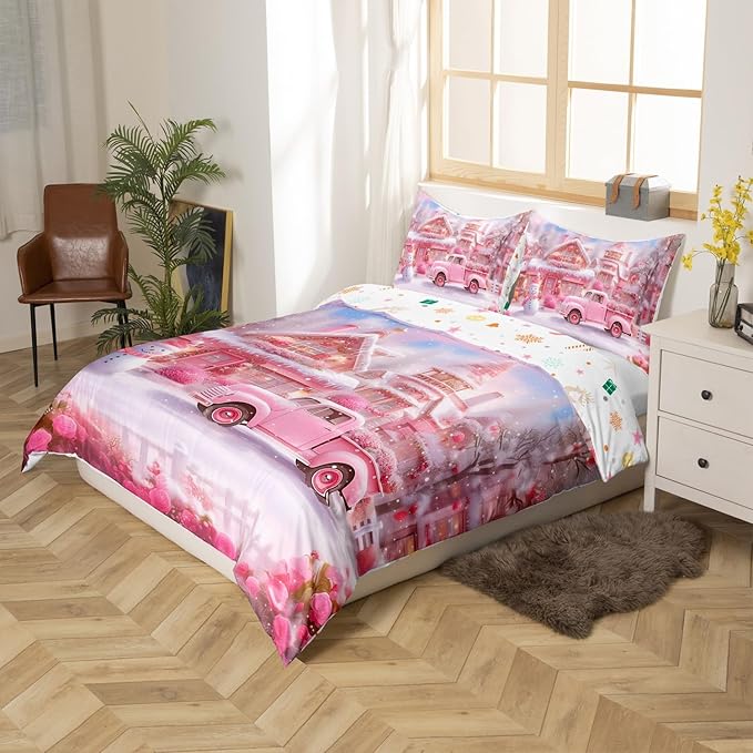 Manfei Christmas Duvet Cover Set King Size, Winter Snowman Truck Flower Bedding Set for Kids Girls Room Decor, New Year Pink Comforter Cover, Soft Polyester Quilt Cover, 2 Pillowcases, No Comforter
