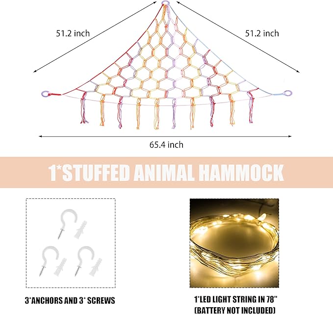 Stuffed Animal Hammock with LED Light, Large Stuffed Animals Storage Corner Plushie Net for Kids Room Decor, Jumbo Rainbow