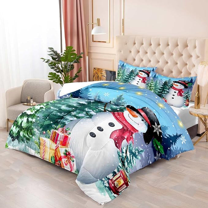 LUVIVIHOME 2PCS Merry Christmas Comforter Set Twin Size, Cute Funny Snowman Bedding, Winter Snowflake Pine Tree Christmas Bedroom Decor for Kids Boys Girls Teens Toddler, Xmas Gifts, 1 Pillow Sham