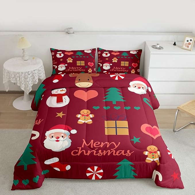 Feelyou Merry Christmas Comforter Set All Season Santa Claus Snowman Bedding Set with 2 Pillow Cases Gingerbread Man Microfiber Kids Queen Bedclothes Xmas Tree Deer Bedroom Decor Duvet Quilt Soft