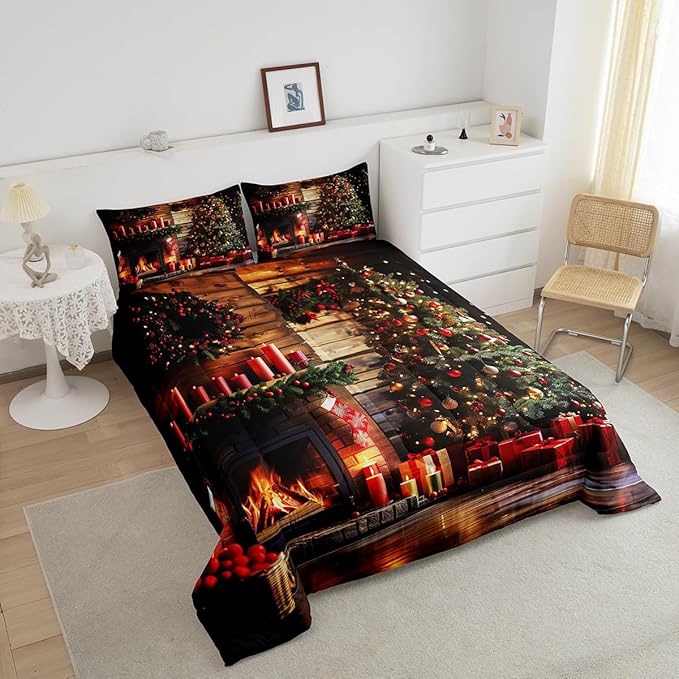 Merry Christmas Comforter Set Queen Size, 3D Fireplace Tree Bedding Set for Kids Boys Girls Room Decor, Xmas Theme Duvet Insert 3Pcs, Retro Wooden Stripes Quilt Set, 2 Pillowcases
