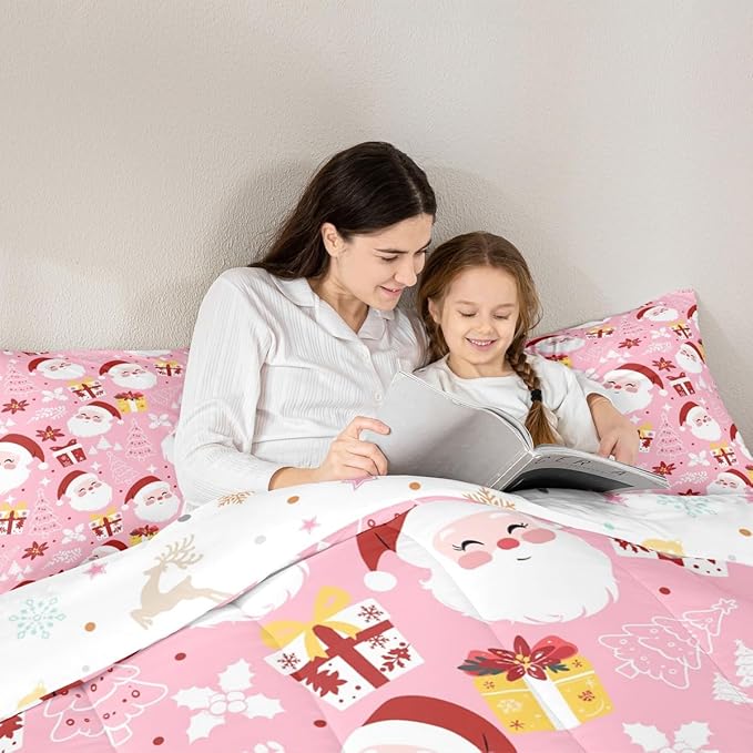 jejeloiu Santa Claus Comforter Set Full Size Merry Christmas Bedding Set for Kids Boys Girls Xmas Themed Duvet Quilt Pink Bedroom Decor