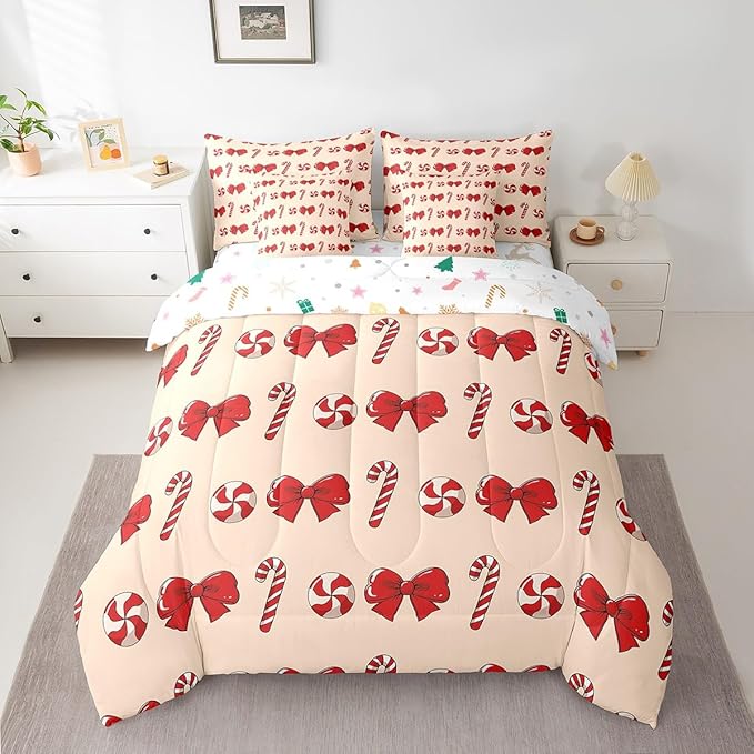 Feelyou Red Christmas Girly Comforter Set with Sheets Kids Christmas Bowknot Bedding Set Boys Girls Bow Candy Decor Bed in a Bag Xmas Theme Bed Set Bedroom King Size