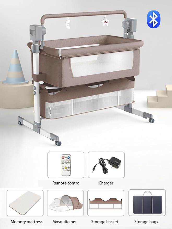 Electric Bluetooth Smart Baby Bedside Bassinet, Baby Bassinet Bedside Sleeper, Next to Me Crib with Wheels, Foldable Co-Sleeping Bed Bassinet for Newborn with 5 Swaying Gears and Remote (601 Khaki)