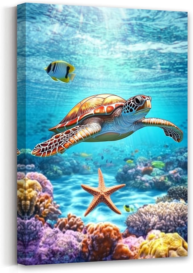 AWPANERAR Sea Turtle Wall Art Bathroom Pictures Watercolor Sea Life Canvas Prints Ocean Animal Poster Nautical Theme Artwork for Kids Room Nursery Decor Framed (Green, (18L x 12W))