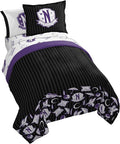 Jay Franco Wednesday Addams Twin Comforter Set 5 Piece Bedding Includes Sheet Set & Pillow Covers - Black and Grey Stripes Super Soft Kids Bedding