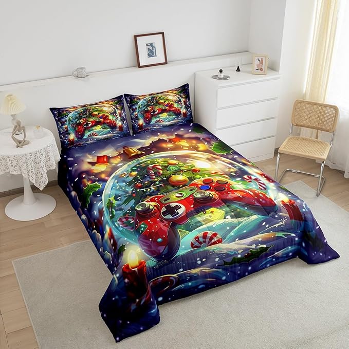 Video Games Kids Bedding Set Full Size,Christmas Tree Snowflake Comforter Set for Boys Girls Room Decor,Merry Christmas Gamer Duvet Insert 3Pcs,Xmas Red Gamepad Microfiber Quilt Set,2 Pillowcases