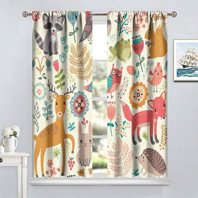Kids Baby Woodland Blackout Curtains,Forest Animals Plants Cartoon Funny Colorful Deer Fox Owl Pattern Thermal Insulation Window Drapes for Boys Girls Children's Bedroom 63x63in