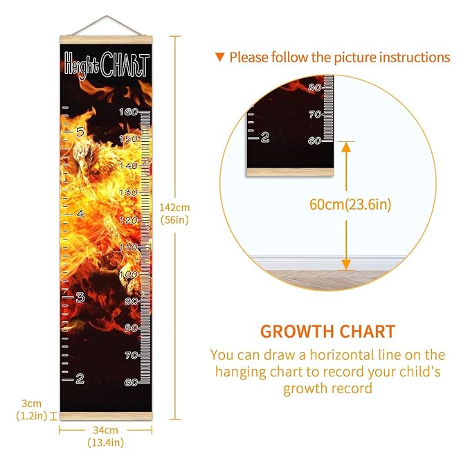 Kids Growth Chart Ruler for Wall Wood Frame Height Measure Chart 13.4x56 in Linen Hanging Height Growth Chart Animal Phoenix Bird Kids Room Decor
