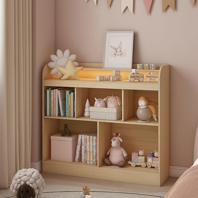 Lkeiyay Open Shelf Kids Bookcase，Montessori Toy Organizer with LED Lights - Oak Wooden Open Bookcase for Kids, Bedroom, Back to School，Playrooms & Nurseries