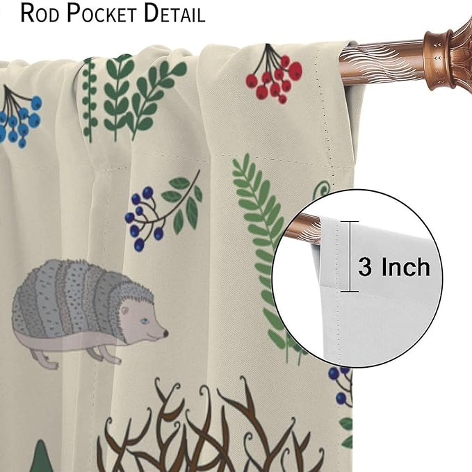 Kids Forest Animal Curtains, Rustic Cute Wild Animal Fox Deer Hedgehog Window Treatments Farmhouse Woodland Window Drapes for Girls Boys Nursery Toddler Bedroom 42x45in