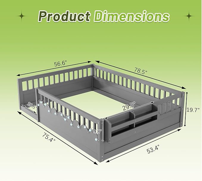 Full Size Floor Bed for Kids, Wood Montessori Floor Bed Full with High Rails & Storage Shelf, Baby Floor Beds with LED Light for Boys & Girls, Gray