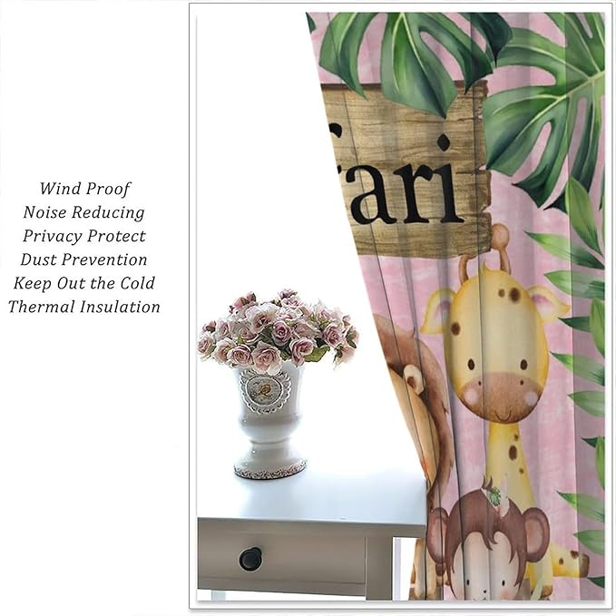 Kids Safari Animals Curtains, Cartoon Wildlife Tropical Leaf Pink Blackout Window Treatments, Rod Pocket Thermal Insulated Drapes 2 Panel Sets for Bedroom Nursery Classroom, 63" W X 72" L