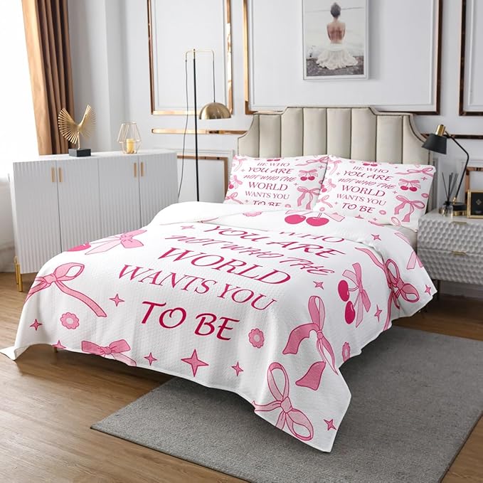 Manfei Pink Bowknot Kids Bedspread King Size,Cherry Tropical Fruit Cute Princess Coverlet Set,Girls Women Room Decor,Bow Tie Stars Daisy Floral Quilted Coverlet,Romantic Bedding Quilt,2 Pillowcases
