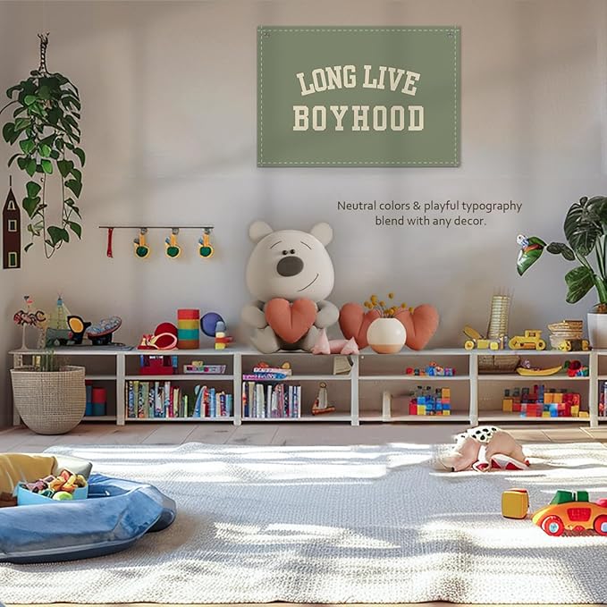 Long Live Boyhood Boys Room Decor - Linen Nursery Banner for Toddler Room Decoration, Farmhouse Kids Wall Hanging, Canvas Banner Flag for Baby Shower, Birthday Gift - A04