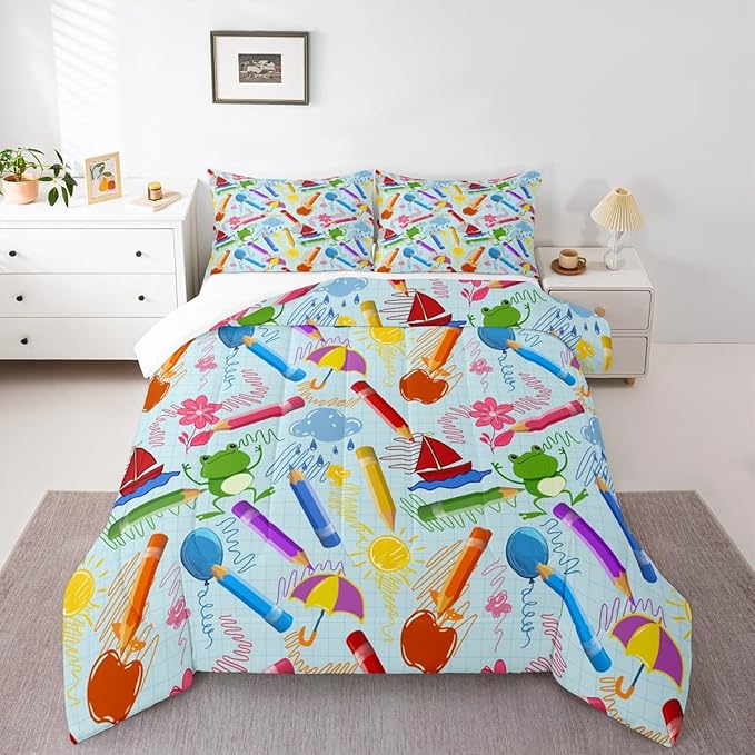 Feelyou Kids Cartoon Pencil Comforter Set Queen Size, Colorful Nursery Bedding Set Cute Crayon Comforter for Kids Boys Girls Funny Art Printed Duvet Set Durable Bed Set 3Pcs