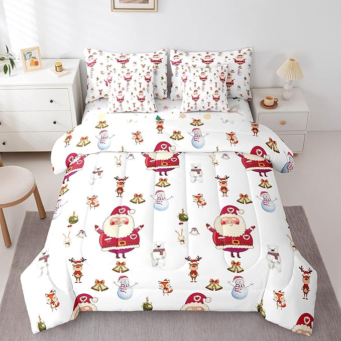 Feelyou Christmas Bed Set Cute Snowman Santa Claus Kids Decorations Bed in a Bag Boys Girls Bear Rabbit Comforter Set with Sheets Christmas Bells Design White Bedding Set Bedding Queen Size