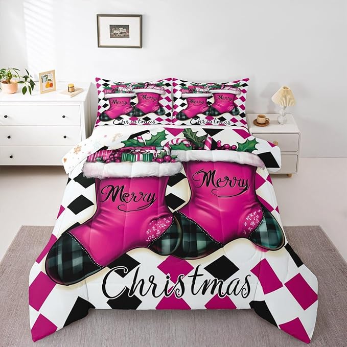 Feelyou Merry Christmas Comforter Set All Season Cartoon Shoes Bedding Set with 2 Pillow Cases Microfiber Kids Queen Bedclothes Winter Bedroom Decor Duvet Quilt Breathable Soft