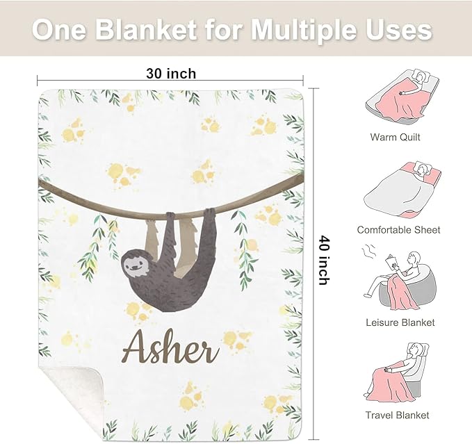 Cute Sloth Personalized Receiving Sherpa Fleece Baby Blankets for Girls Boys Kids, Swaddle Blankets Gift for Newborn Crib Infants 30x40 Inches