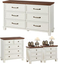 Farmhouse Bedroom Dresser and Nightstand Set of 4, 6 Drawer Low & 5 Drawers Dresser & 3 Drawer Nightstand Set with Wooden Legs, Rustic Wood Furniture for Bedroom, Hallway, White