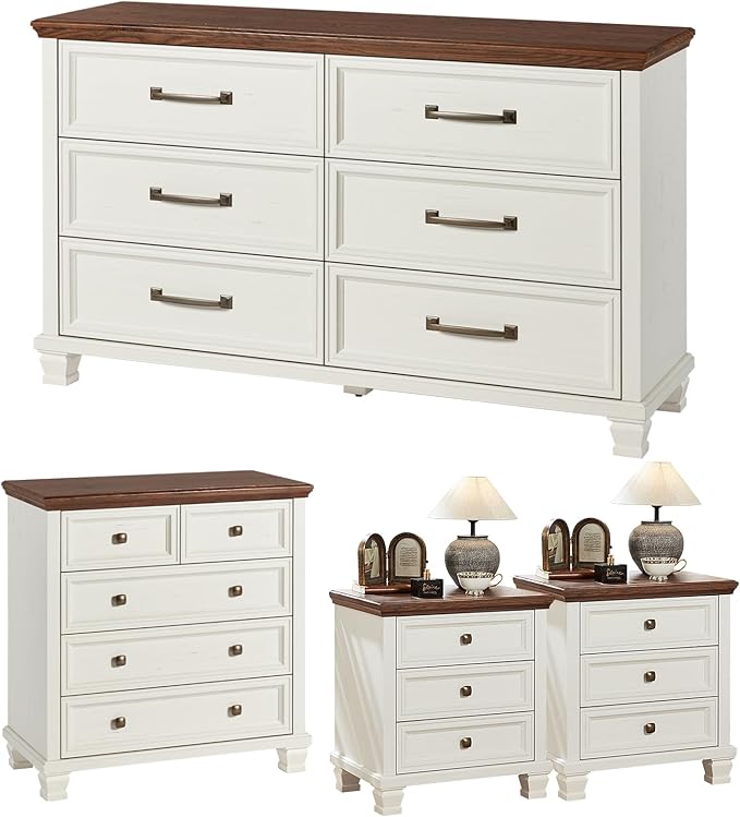 Farmhouse Bedroom Dresser and Nightstand Set of 4, 6 Drawer Low & 5 Drawers Dresser & 3 Drawer Nightstand Set with Wooden Legs, Rustic Wood Furniture for Bedroom, Hallway, White