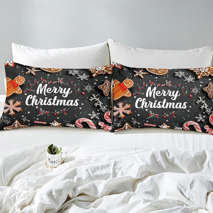 Manfei Christmas Bedding Set 2pcs for Kids Girls Red Cartoon Gingerbread Man Printed Comforter Cover Festival Duvet Cover Set Microfiber Bedspread Cover with 1 Pillow Case(No Comforter) Twin Size